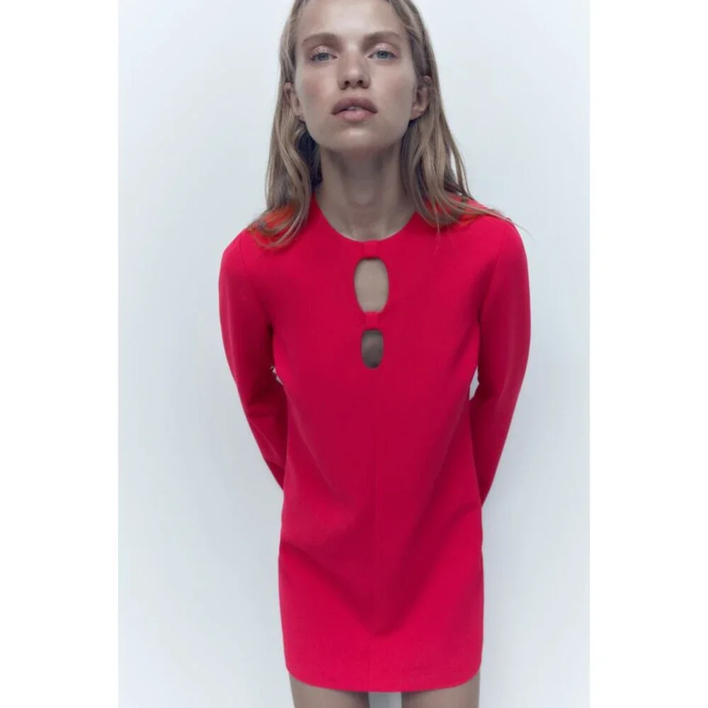 Hot Pink Zara Front Cutout Flare Sleeve Round Neck Mini Dress (NWT) - Picture 3 of 11